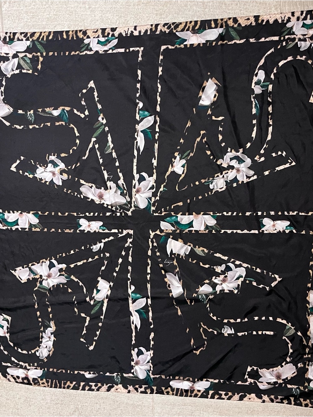 All Saints Black Floral Square Scarf with White Blossoms